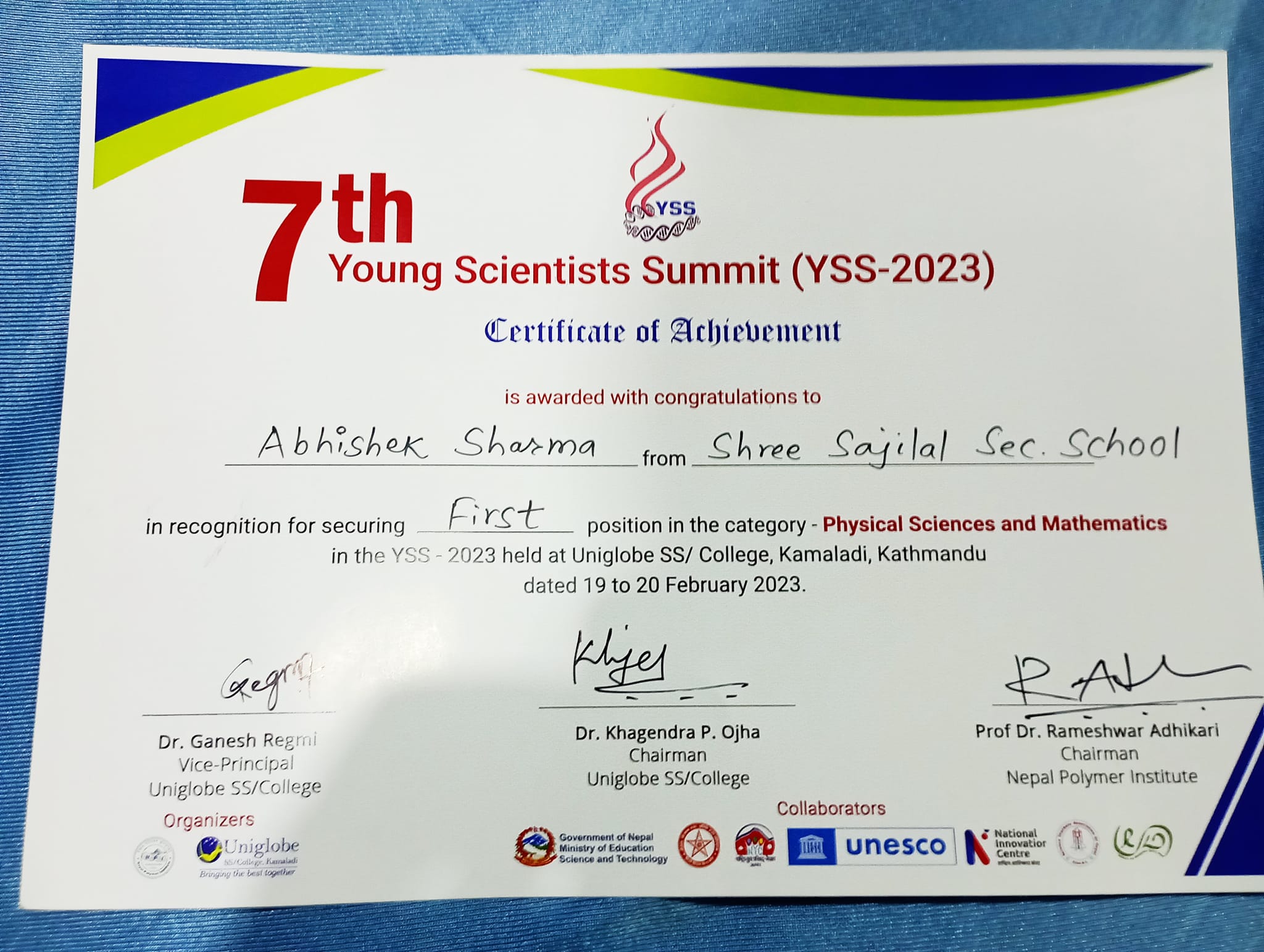 Young Scientist Summit Certificate